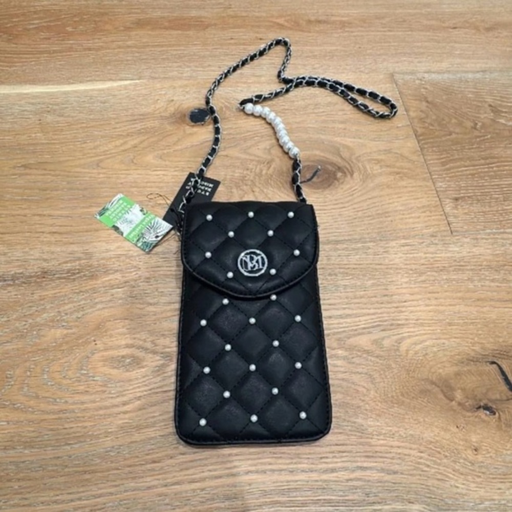 Chic Black Quilted Crossbody Phone Case with card holder slots.